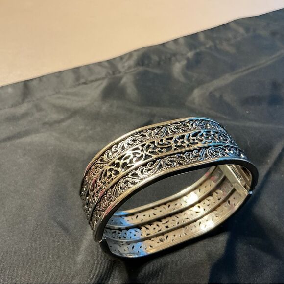 Intricate Silvertone and Oxidized Black Cuff Bracelet - Picture 2 of 5